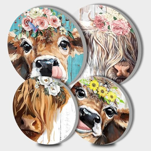 Funny Cow Head Round Hob Covers Cow Wearing a Wreath 4-Piece Stove Plate Cooker Hob Covers for Cookers Top Burner Gas Range Oven Protector Kitchen Accessories Cooktop Decorative Decor