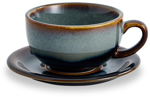 Coffeezone Cappuccino-Barista-Tasse mit Untertasse, Keramik, 355 ml, Vintage-Design, Grau (Nebelgrau)