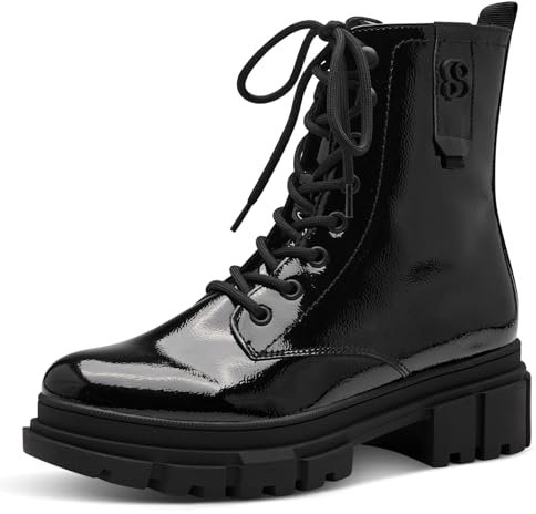 s.Oliver Damen Stiefeletten ohne Absatz zum Schnüren Vegan, Schwarz (Black Patent), 38 EU