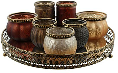 F1885 Deko-Set Morgenland, 8tlg., Glas, verspiegeltes Tablett Maße: Ø 27 x 4 cm