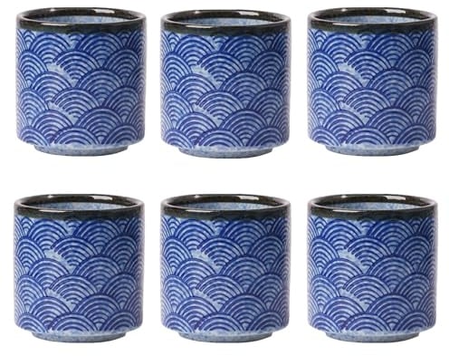 NIUKOMY Lot de 6 Tasses à Thé en Céramique, Vintage Tasse à Thé Japonaise, Tasses à Café en Porcelaine Sans Anse Set de Tasses à Thé Bleu pour Sushi Saké Espresso Cappuccino190ML