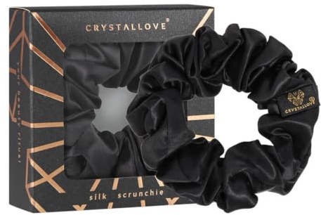 CRYSTALLOVE Seiden-Scrunchie aus Maulbeerseide 22 Momme 6A - Oeko-Tex, schonendes Haargummi, Schwarz