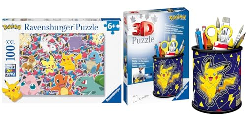 Ravensburger Kinderpuzzle 13338 - Bereit zu kämpfen! - 100 Teile XXL Pokémon Puzzle für Kinder ab 6 Jahren & 3D Puzzle 11257 - Utensilo Pokémon Pikachu - 54 Teile - Stiftehalter für Pokémon Fans