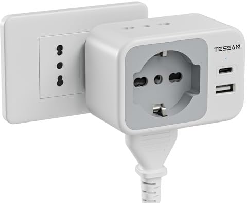 TESSAN Presa Multipla con 1 Schuko e 2 Prese IT, Multipresa Salvaspazio con 2 USB, 2500W Caricatore USB C, Adattatore Spina 10A per Cucina, Ufficio, Viaggio, Multipresa da Parete, Grigio