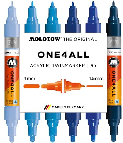 Molotow One4All Acrylic Twin Marker Blue Set (1,5 und 4,0 mm Strichstärke, hochdeckend und permanent, schnell trocknend, nachfüllbar, für fast alle Untergründe) 6 Stück sortiert