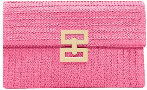 ATQCOL Rattan Clutch Purse for Women,Summer Straw Woven Beach Woven Bag Wicker Raffia Envelope Evening Clutch for Wedding, Pink