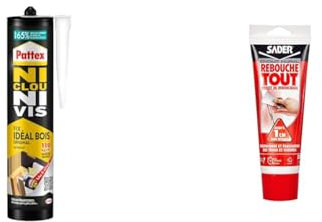 Pattex Ni Clou Ni Vis Fix Idéal Bois (cartouche de 380 g) – Colle de fixation à main & Sader Rebouche Tout – Enduit de Rebouchage Intérieur Prêt à l’Emploi – Tous Supports – Rebouchage et Égalisation