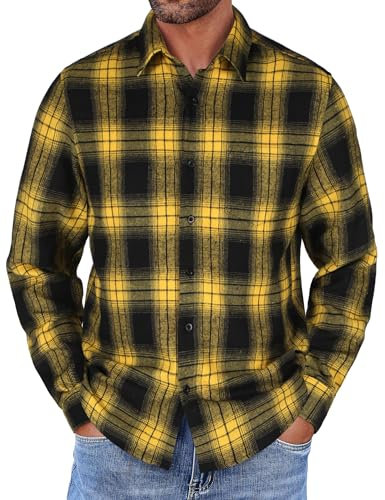 COOFANDY Chemise à Carreaux pour Hommes avec Manches Longues Regular Fit Chemises de Loisirs Chemise Homme à la Mode avec Poches Jaune-Noir XL