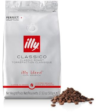 illy Ganze Kaffeebohnen – Perfekt geröstete Bohnen – Classico mittlere Röstung – mit Noten von Karamell, Orangenblüte & Jasmin – 100% Arabica – Ohne Konservierungsstoffe – 500 Gramm