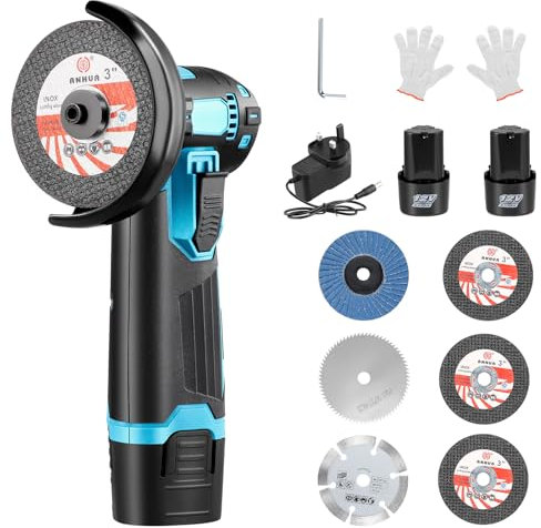 Mini Cordless Angle Grinder, 12V Angle Grinder Tool with 2x2000mAh Batteries, 6 Cutting Discs, Battery Grinder 3 in/76mm Side Disc Grinder 19500 RPM Grinding Machine for Cutting Polishing Sharpening
