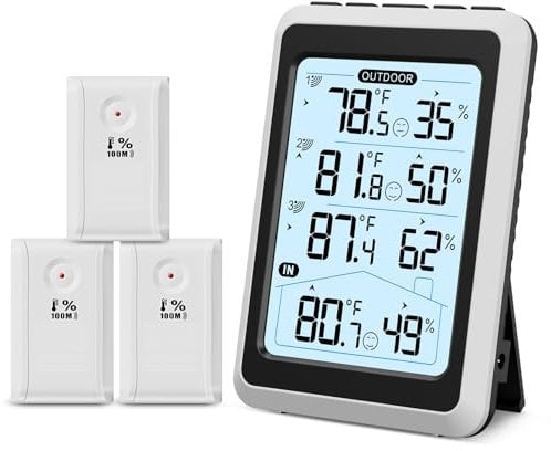ORIA Termometro Igrometro Digitale, Termometro Interno Esterno Wireless con 3 Sensori Remoti, Retroilluminato, Icona Comfort, Valore Min/Max, Misuratore di Temperatura e Umidità Monitor per Casa