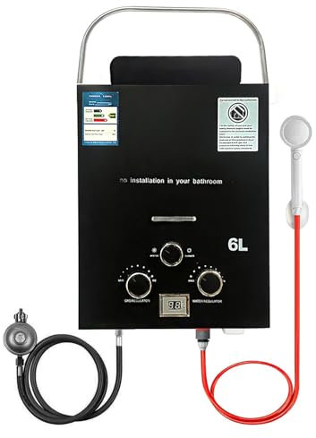 6L Chauffe Eau Gaz, Chauffe Eau Portable 12KW, Instantané Chauffe Bain à Gaz Propane ou Butane,Chauffage Gaz Camping 6l/min,Pour Douche Camping Chauffe Eau Instantané, Hiver et Été (Noir)