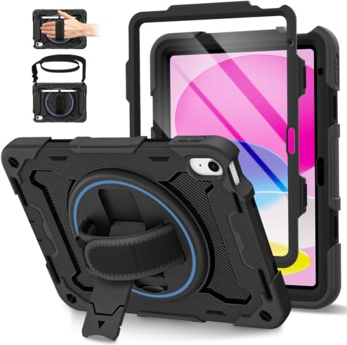 ROSROME für iPad (A16) 11./10. Generation 11/10.9 Zoll (2025/2022) mit HD Displayschutz, 360 Drehbarer Ständer/Schultergurt/Handschlaufe, Heavy Duty Stoßfeste Kinder Hülle mit Stifthalter,Schwarz