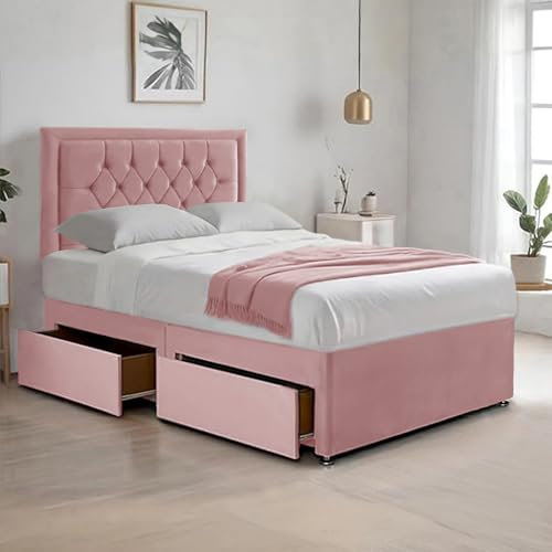 BED TIME UK - Luxurious Pink Plush Divan Double Bed with Spring Memory Foam Mattress | Functional Bed with 2 Storage Drawers & Room Decore 20” Chesterfield Headboard with Border