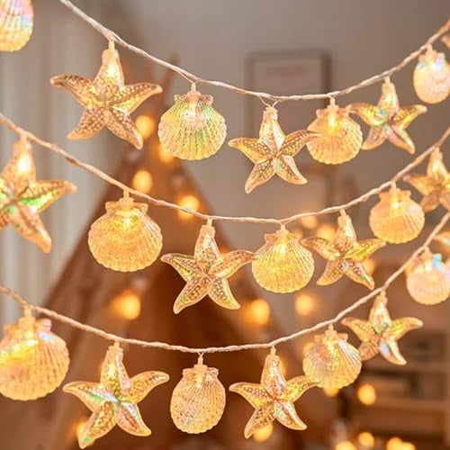 Meerestiere Lichterkette 3M 20LED Mit Muscheln Maritime Deko für Fenster und Balkon - Batteriebetriebene Lichterkette Mit Fernbedienung für Sommer Deko Innen (C)