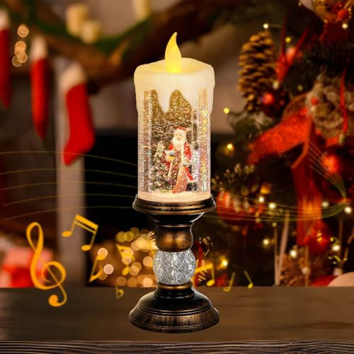 Weihnachtliche Schneekugeln, Laterne Kerzenförmige Schneelaterne Glitzernde Beleuchtete mit Musik und Schneegestöber, Weihnachtsmann-Szene LED Wassergefüllte Glitzerlaterne USB oder batteriebetriebene