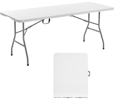 VEVOR Folding Table, 6 Ft Heavy Duty Portable Fold-in-Half Utility Table, Indoor Outdoor Plastic Rectangle Table with Built in Handle, for Party, Dining, Wedding, Events, Picnic, Camping, White