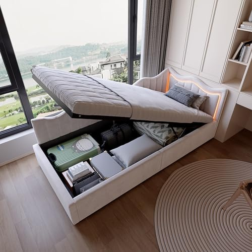 Polsterbett Kinderbett 90x200, Jugendbett mit LED Beleuchtung und Stauraum, Schlafsofa Einzelbett Daybett mit Bettkasten, Tagesbett Gästebett mit Lattenrost, Samt, Ohne Matratze (Beige, 90 x 200 cm)