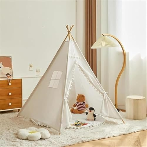 Herfair Tipi Zelt für Kinder, Kinderzelt Indoor mit Filzkugel, Cremefarbene Spielzelt Baumwolle Spielhaus, Kinderzimmer Deko Geschenke, 160×120×120 cm