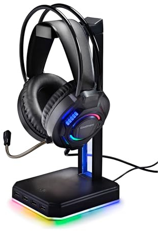 Gaming Headset Stand With LED Lights – RGB Headset Holder With USB Charging Ports – Multi Format Compatible Headphones Stand For PS5 Xbox PC Gaming Desk Accessories Setup
