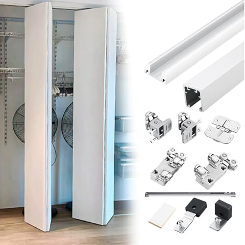 Folding Door Track Kit with Soft-Close Mechanism, Smooth Collapsible Track with Silent Rollers, Single Bypassing Wardrobe Closet Door Track(4-door,2m/6.6ft)