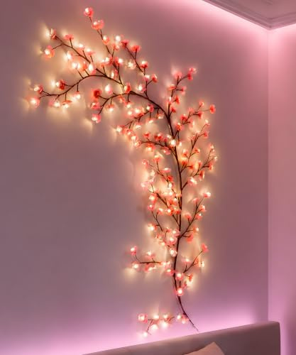 IRORI 96 LED Cherry Blossom Lights, 1.8 Meters Wall Fairy String Lights, Sakura Vines with LED Blossom Tree, Decor for Bedroom, Twinkling Wall Art