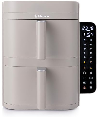 LEHMANN Heißluftfritteuse 2 Kammern XXL, 12 L, 2 vertikale Schubladen, 40-230°C, Antihaftbeschichtung, 10 Programme, platzsparendes Design, ölfrei Airfryer Doppelkammer für große Familie, 2800 W