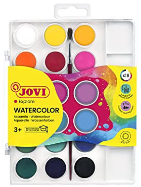 Jovi - Kit d'Aquarelles avec Pinceau, 18 godets de 22mm, Couleurs Brillantes et Intenses, Peinture facile à diluer à l'eau et à séchage rapide, Sans Gluten (800/18)
