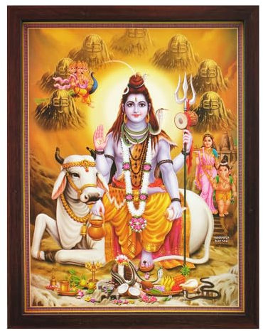 Lord Shiva auf seiner Kuh Nandi in Himlaya, ein Poster Gemälde mit Rahmen für religiöse Hindu-Anbetung