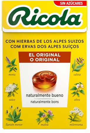 Ricola - Hierbas Suizas Original, Caramelos Duros Sin Azúcar, Refresca, Alivia la Garganta y la Respiración, con Aceites Esenciales de Menta y Mentol y 13 Hierbas Suizas, con Edulcorantes - Caja 50 g
