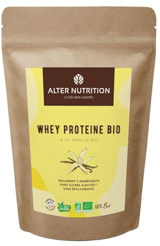 ALTER NUTRITION - Whey Protéine Bio - Vanille - Prise De Masse - Récupération - BCAA - Lait De Vache Bio - Sans Sucres Ajoutés - Fabriqué En France - 19g De Protéines Par Scoop - Sachet De 1kg