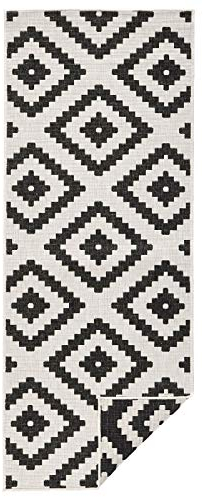 NORTHRUGS Outdoor Teppich Malta-Wendeteppich Wetterfest Modernes Geometrisches Muster Läufer für Balkon Terrasse Garten Wintergarten Wohnzimmerteppich Wasserfest, Polypropylen, Schwarz,Creme, 80x250cm
