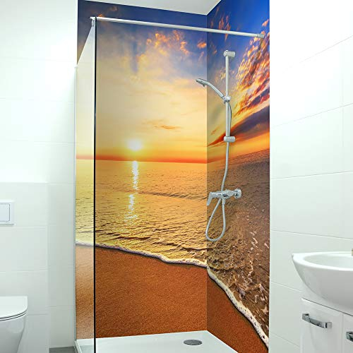 DRUCK-EXPERT Premium Duschrückwand 0,4 mm selbstklebendes Hart-PVC, Größe:2 x B 103 x H 240 cm Hochformat, Muster:Sonnenuntergang Meer