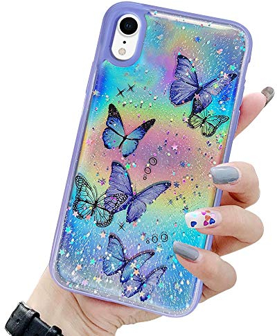 LCHULLE Kompatibel mit iPhone Xr Handyhülle Schmetterling Glänzend Schutzhülle Mädchen Silikon Case Girls Glitzer Hülle für iPhone Xr Lila
