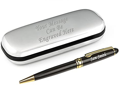 Paul Clover Personalised Engraved Pen and Engraved Classy Chrome Case - Personalised Gifts for Anniversary, Christmas, Gifts For Men and Women - Enter Your Custom Text (Gold Trim)
