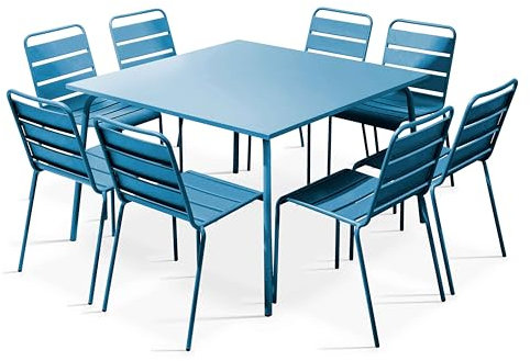 Oviala Palavas – Gartentisch und 8 Stühle aus Metall, Pacific Blau
