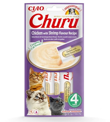 INABA Churu Puree Katzenleckerlis Creamy Snacks, Hochwertige Proteine mit Huhn & Garnelen 56 g (1er Pack), Katzensnacks in Premium Qualität