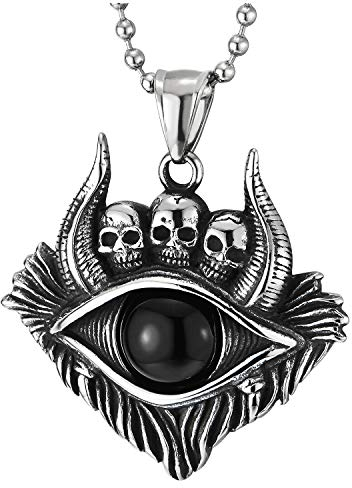 Vintage Tribal Schutz Stier Augen Horn Schädel Medaille Anhänger mit Schwarz Onyx Wulst, Herren - Edelstahl Halskette