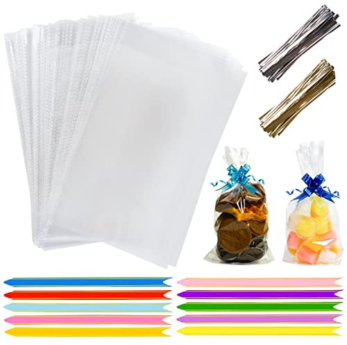 eHom Cellophane Bags Pack of 100 (6 x 10 Inches) Food Safe Cookie Bags with 100 Mix Colors Pull Bows & Twist Ties - Clear Bag for Christmas & Halloween Gifts, Packaging Sweet bags for Hamper Making