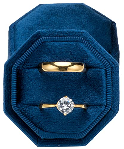 POKOFO Premium Velvet Ring Bearer Box for Proposal Engagement Wedding Ceremony - Equilateral Octagon Vintage Double Ring Display Holder with Detachable Lid (Dark Blue)