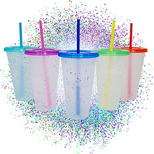 Konfetti Wiederverwendbare farbwechselnde Plastikbecher mit Deckel und Strohhalmen, 5 Stück (Konfetti, 5 Farben)
