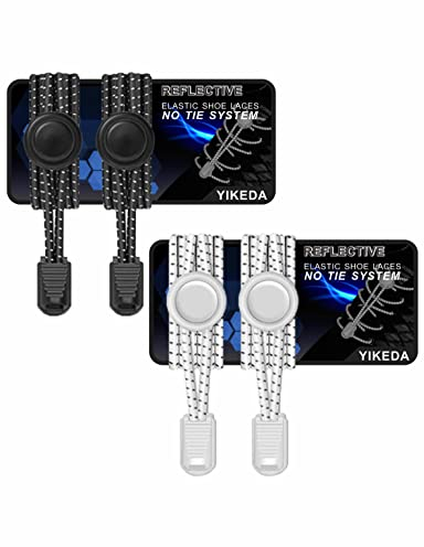 YIKEDA Elastic Laces 2 Pairs of Reflective Elastic Shoelaces for Adults / Kids No Tie Elastic Lock Shoe laces Suitable for Sneakers Hiking Shoes Board Shoes Casual Shoes Boots (Black+White), One Size