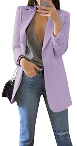 OMZIN Donna Business Blazer Manica Lunga Aperta Anteriore Solido Colore Cardigan Autunno Blazer Cappotto Giacca Viola Chiaro S