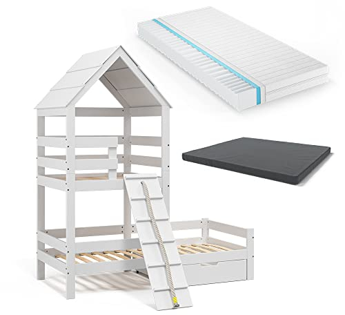 VitaliSpa Hausbett 90x200 cm Teddy mit 2 Matratzen und Schublade - Weiß 208x235x108 cm aus Holz - Bett perfekt für Kinder, mit einem spielerischen zweiten Stockwerk