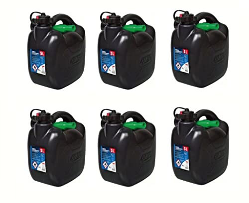 6x Benzinkanister 5L Schwarz Kunststoff Kanister mit UN-Zulassung, passend für Benzin/Diesel, mit Tankstutzen und Tragegriff