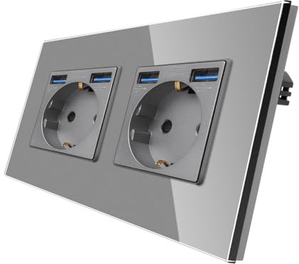 CNBINGO Glas Doppelsteckdose mit USB Ports (Max.2,1 Amp) - Zweifach Steckdose Unterputz in Grau - Schuko Schutzkontakt Wandsteckdose mit Glasrahmen A+A-Gr