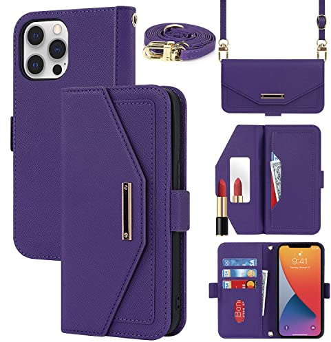 CAVOR Handykette Handyhülle kompatibel mit iPhone 12 Pro Max Hülle Mit Band,Flip Leder Geldbörse Handyhülle,[Spiegel][5 Kartenfach][Magnetisch],Klapphülle Handytasche zum umhängen - Lila