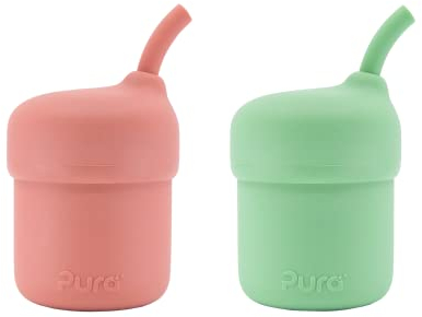 Pura my-my Silikon-Trinkhalmbecher, auslaufsicher, wiederverwendbar, lebensmittelechtes Silikon, plastikfrei, für Kinder, Kleinkinder, Babys und Kleinkinder, 2 Stück (Rose & Moos)