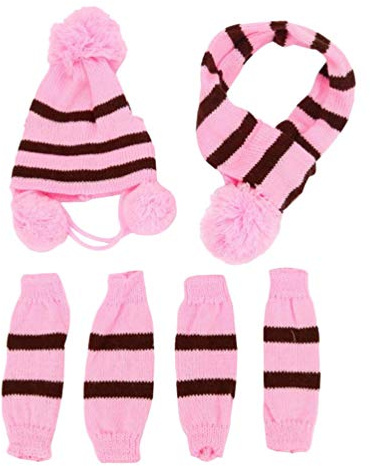 POPETPOP Warm Dog Knitted Hat Christmas for Pets - 6Pcs Dog Costumes Hat Scarf Leg Warmers Set - Winter Warm Small Dogs Striped Knitted Clothes for Puppy Dogs Cats