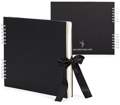 Never Ever Land Fotoalbum, 30 x 25 cm, Spiralalbum, 80 Seiten, 250 g, fester Einband mit einer Schleife zum Schließen – perfekt für Geburt, Babys, Hochzeit und Familienalbum – Schwarz